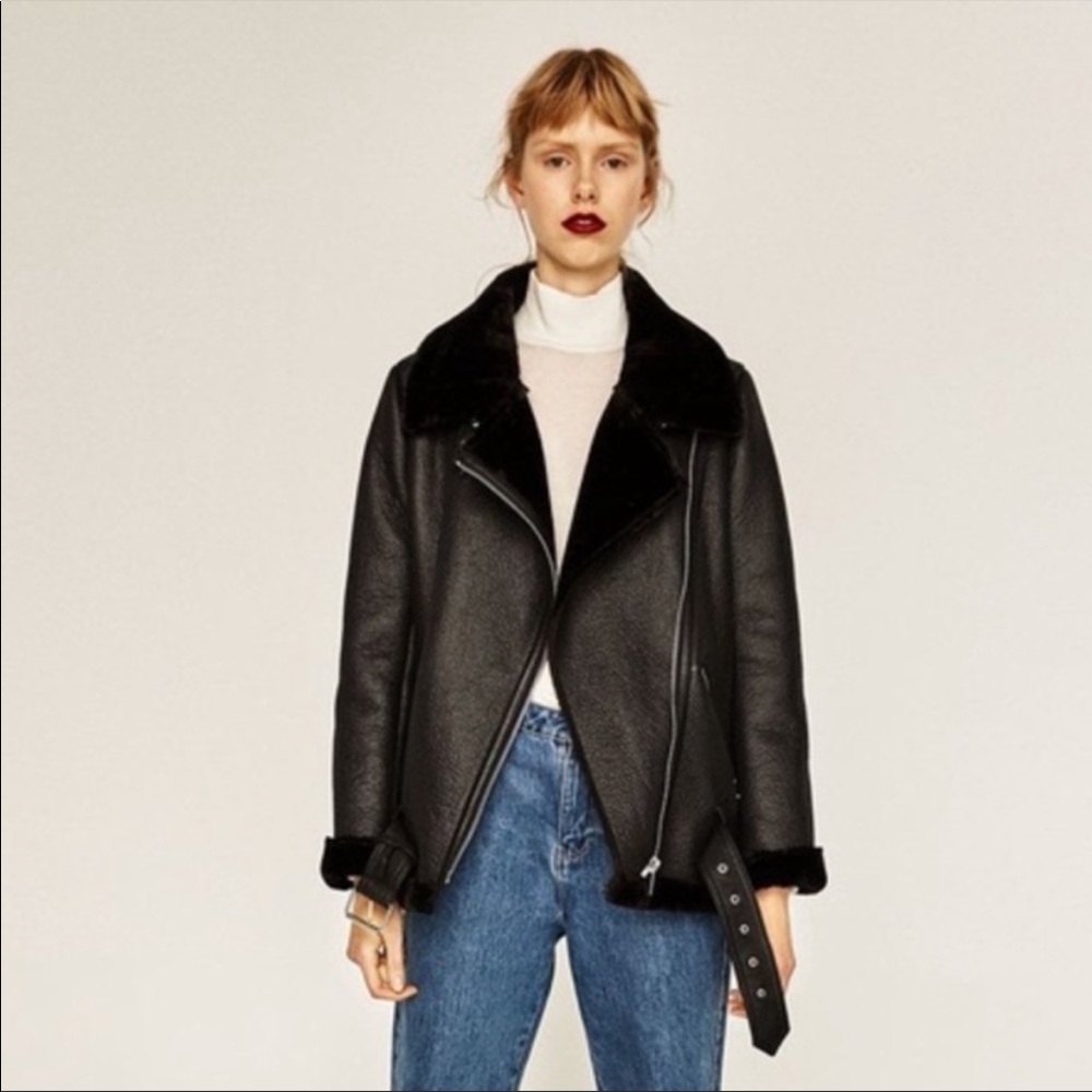 NWT Zara Faux Fur Collar Biker Jacket